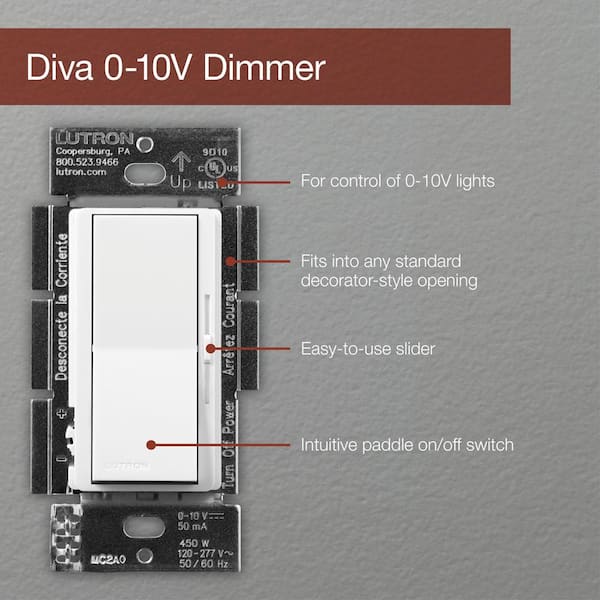 Lutron Diva Dimmer Switch for 0-10V LED/Fluorescent Fixtures, Single-Pole  or 3-Way, White (DVSTV-453PH-WH) DVSTV-453PH-WH - The Home Depot