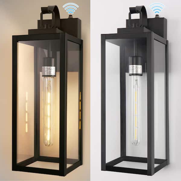 18 in. 2-Pack Large Black Dusk to Dawn Outdoor Waterproof Lantern Wall Lights with Clear Glass Shade T30 Bulbs Included