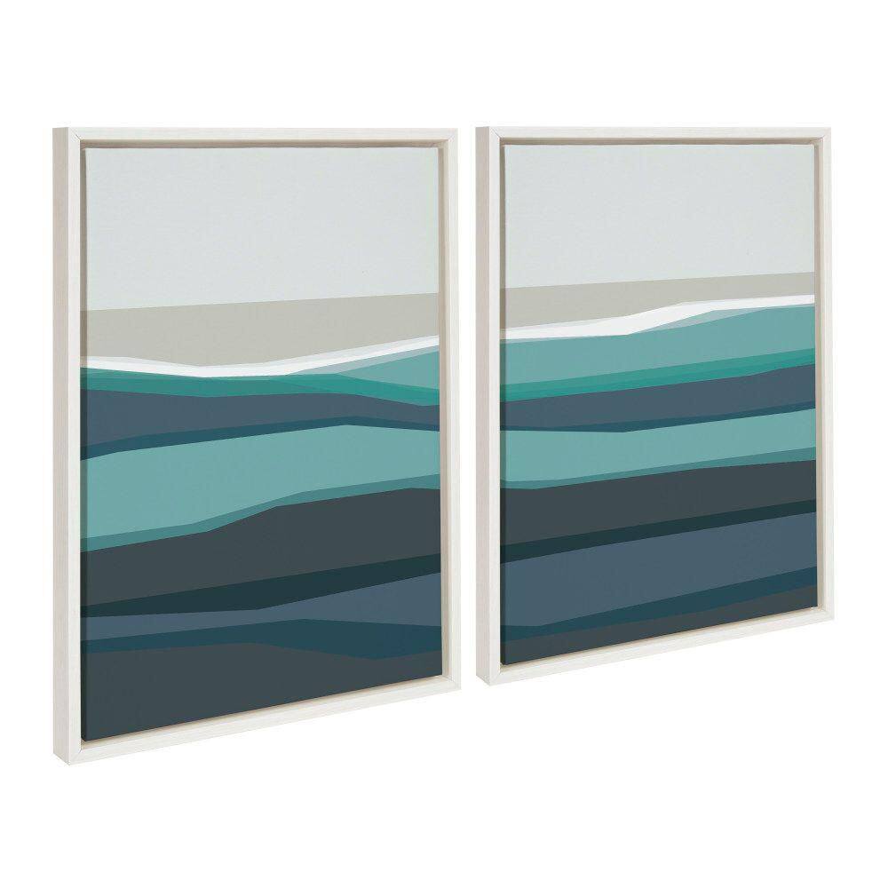 Abstract Teal Beach Horizon Framed Canvas Set, 18x24, White