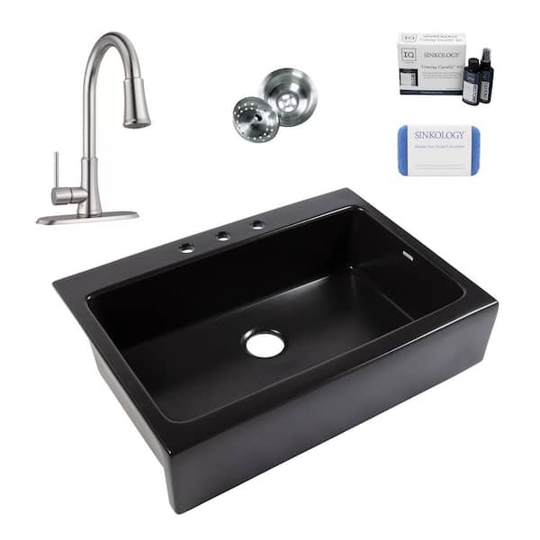 SINKOLOGY Josephine 34 in 3-Hole Quick-Fit Farmhouse Apron Front Drop-in Single Bowl Black Fireclay Kitchen Sink with Faucet Kit