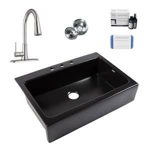 Josephine 34 in 3-Hole Quick-Fit Farmhouse Apron Front Drop-in Single Bowl Black Fireclay Kitchen Sink with Faucet Kit