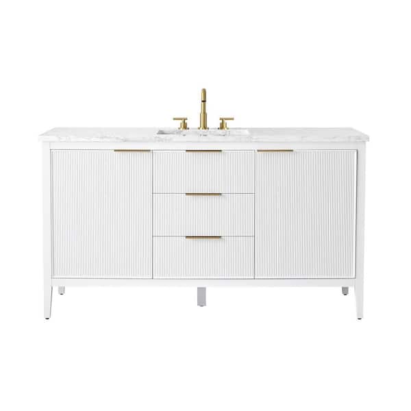 Emma 60 in. W Bath Vanity in White with Engineered Stone Top in Arabescato with White Sink