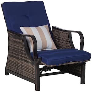 Dark Blue Wicker PE Rattan Outdoor Adjustable Recliner Leisure Chair with Cushion and Armrest for Backyard