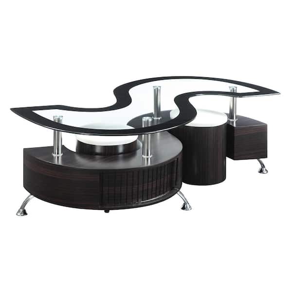 Delange 3-Piece Cappuccino/White Specialty Glass Coffee Table Set with 2-Stools