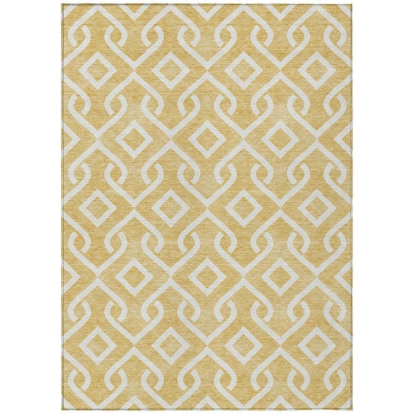 Gold, Ivory 10 ft. x 14 ft. Woven Geometric Polyester Rectangle Indoor/Outdoor Area Rug