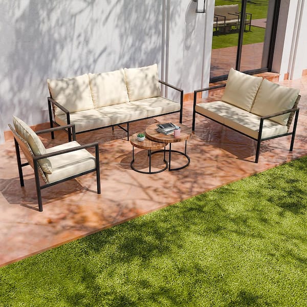 INMITOM 4-Piece Outdoor Patio Conversation Set with Beige Cushions, Seats 6, Includes Coffee Table