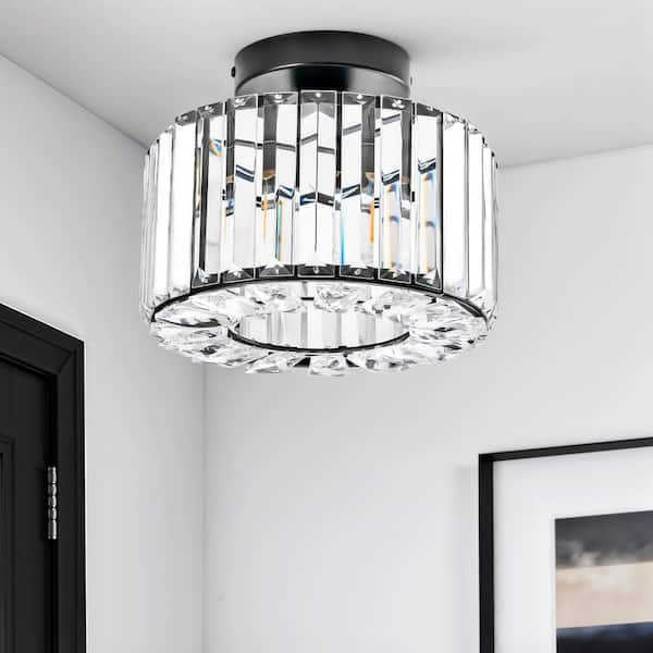 9.3 in. 1-Light Black Crystal Semi Flush Mount Ceiling Light With Clear Glass Shade