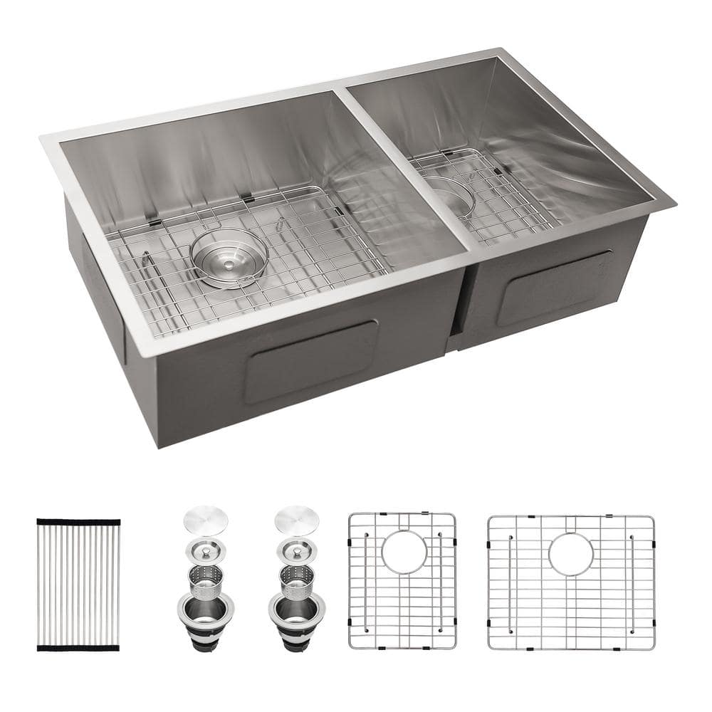 18 Gauge Stainless Steel 33 in. Double Bowl Undermount Kitchen Sink with All Accessories, Stainless Steel Brushed