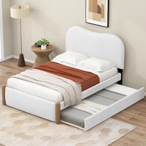White Wood Frame Twin Berber Fleece Upholstered Platform Bed with Twin Size Trundle, Support Legs, Arc-Shaped Headboard