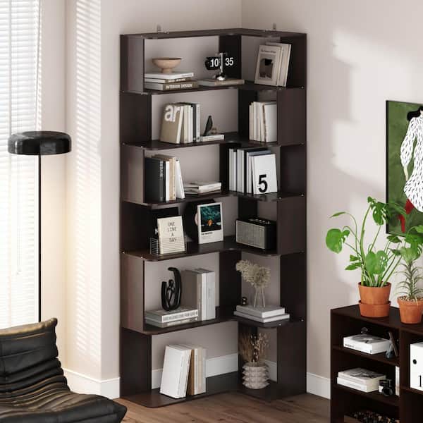 81.9 in. Tall Walnut Wood Grain 7-Shelves Accent Bookcase, Open Back Bookshelf, Corner Bookcase (82 in. H x 23.6 in. D)