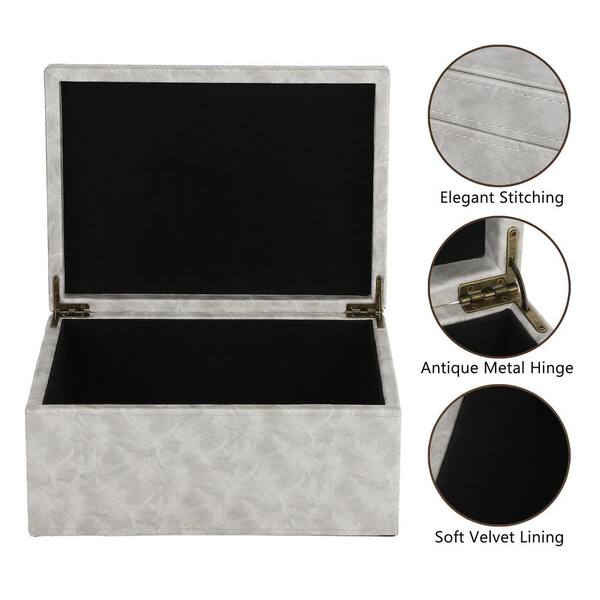 11 in. W Grey Faux Leather Keepsake Box with Hinged Lid-Large