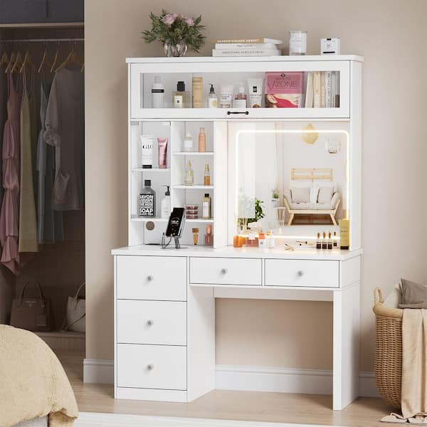 PAKASEPT White Vanity Desk, Makeup Vanity w/ LED Mirror, Power Outl, Makeup Table With 5-Drawers, Large Shelves, 3-Lighting Modes