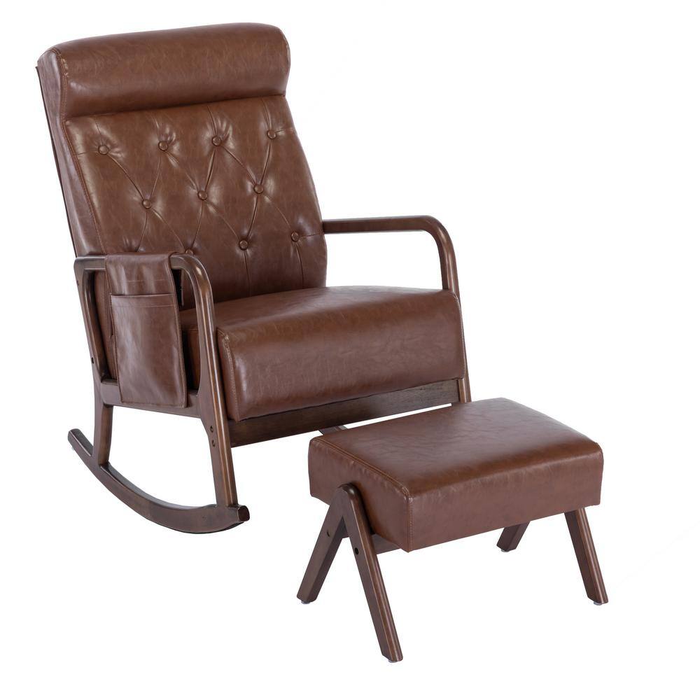 Solid Wood Outdoor Rocking Chair with Ottoman and with Thick Padded Cushion