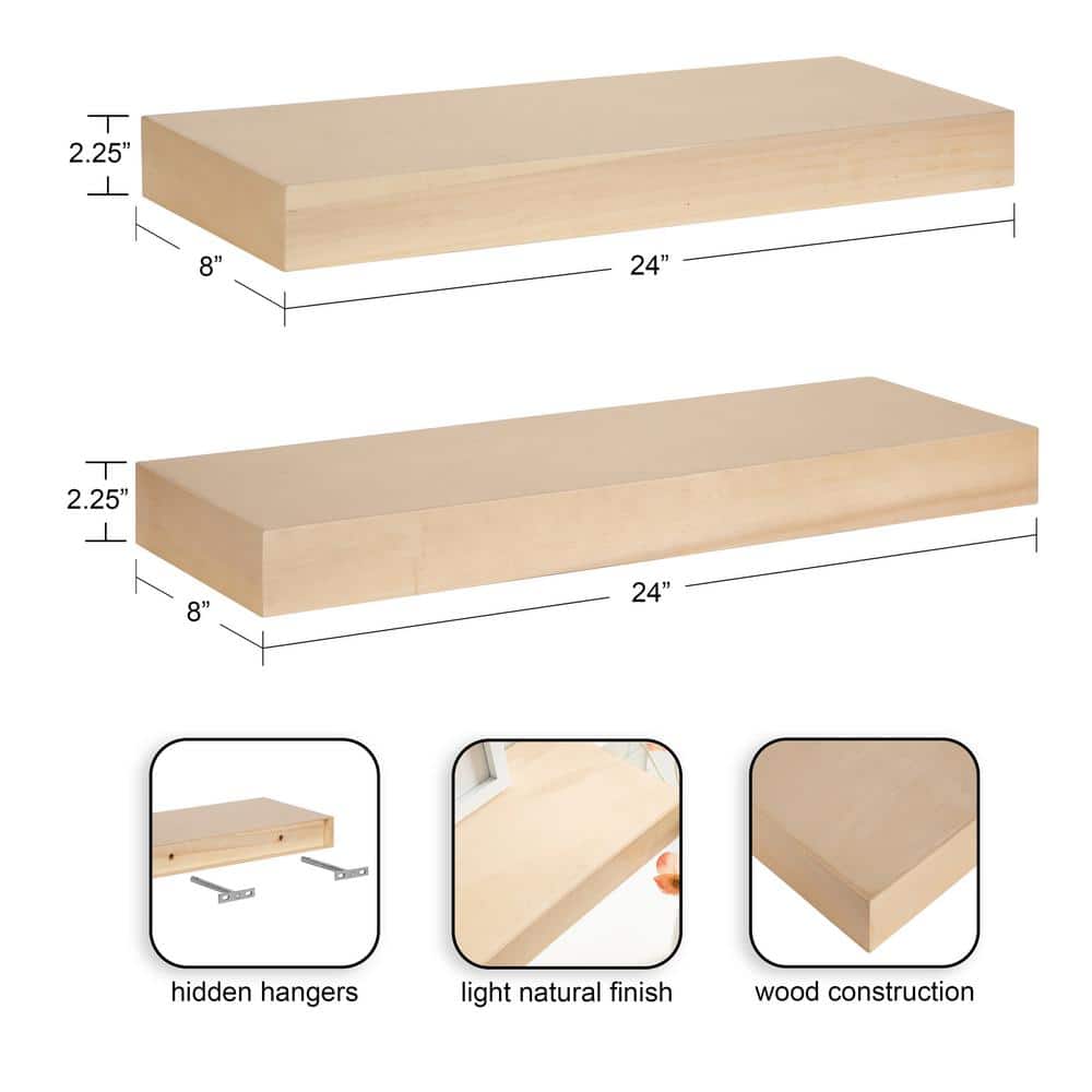 Natural Light Brown Wooden Floating Accent Shelves, Set of 2