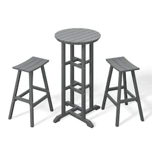 Laguna 3-Piece HDPE Weather Resistant Outdoor Patio Bar Height Bistro Set with Saddle Seat Barstools, Gray
