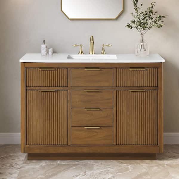 Xander 48 in. Single Sink Freestanding Warm Walnut Bath Vanity with White Engineered Stone Top