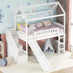 White Twin Loft Bed Frame with Slide and Storage Drawers, Wood House Loft Bed with Stairs and Roof for Kids, Teens