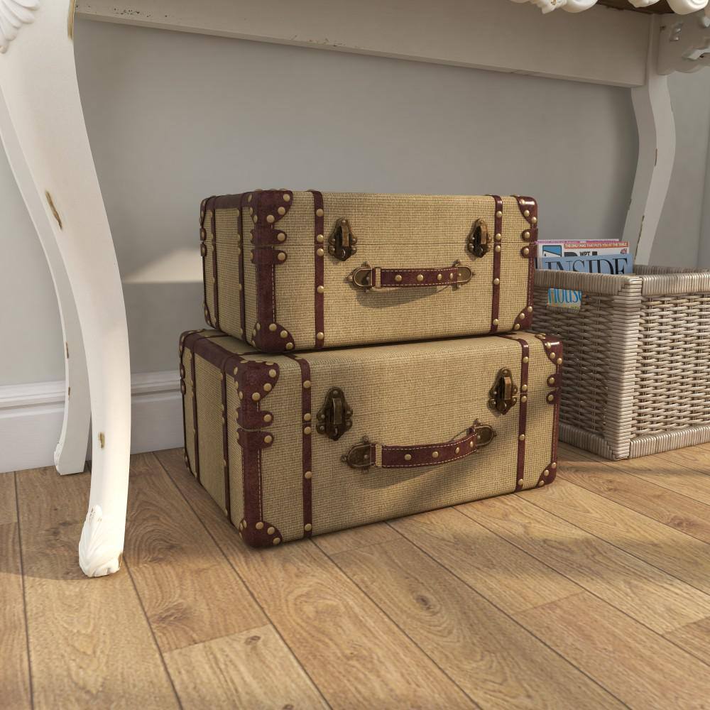 Beige Burlap and Leather Vintage Trunk Set, 2 Pieces