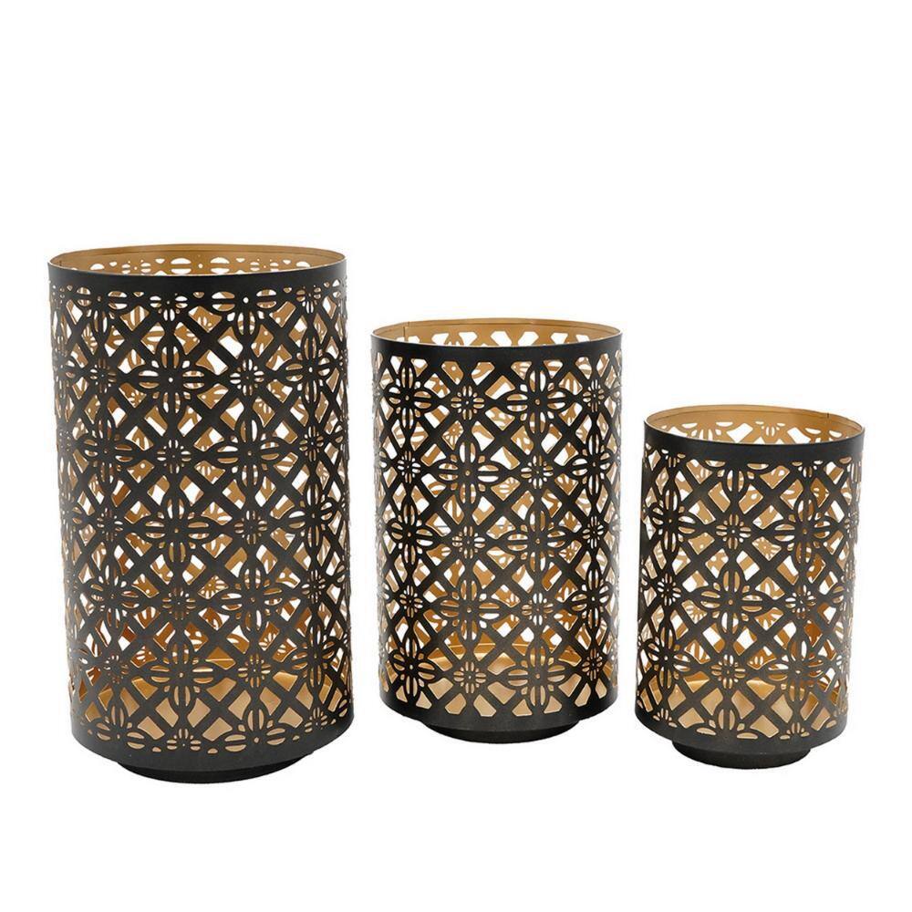 Black and Gold Metal Moroccan Lattice Candle Lantern Set