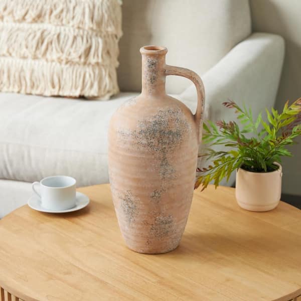 18 in. Beige Antique Style Distressed Ceramic Pitcher Decorative Vase with Handle