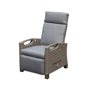 Metal and Wicker Outdoor Recliner Chair with 6.8 in. Thickness Gray Cushion, Flip Table Push Back, Adjustable Angle