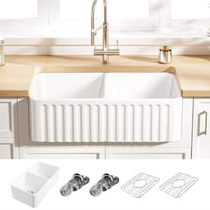 Brooklyn Crisp White Fireclay 33 in. Double Bowl Farmhouse Apron Kitchen Sink with Bottom Grid