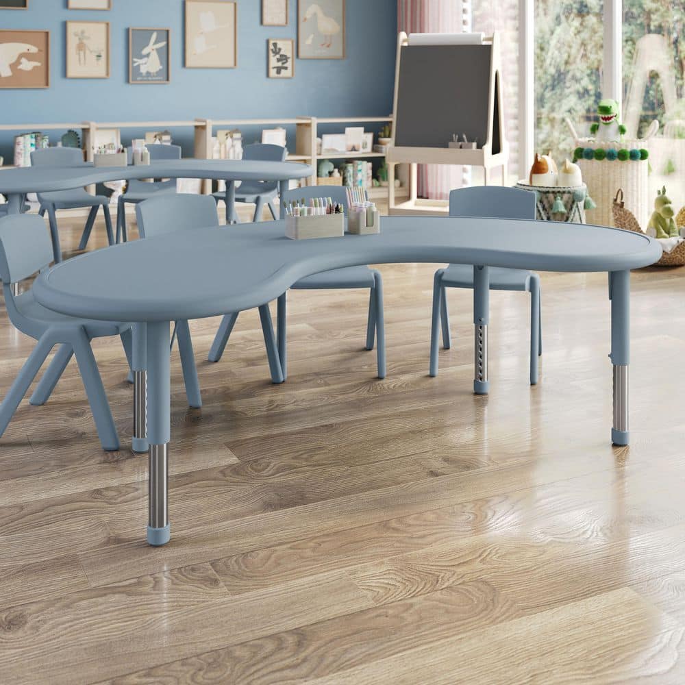 Wren Adjustable Dusty Blue Kidney-Shaped Kids Activity Table with Plastic Top for 8