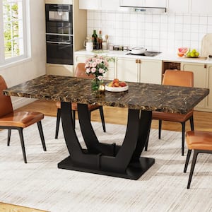 Halsey 63 in. Modern Brown Faux Marble Wood Pedestal Dining Table Rectangular Dinner Kitchen Table for 4 to 6