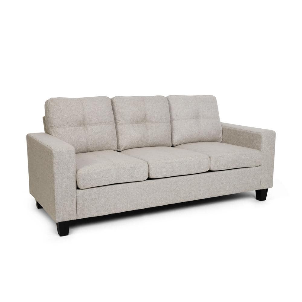 Beige and Espresso 76" Tufted Polyester and Wood 3-Seater Sofa