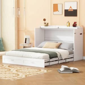 White Wood Frame Full Size Pulley Structure Murphy Bed with Sockets, USB Ports and Drawer