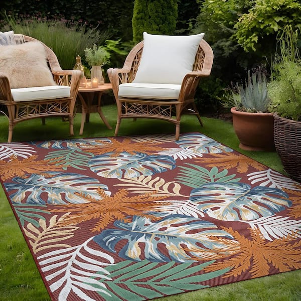 Jungle Red 9 ft. x 12 ft. Washable Tropical Floral Indoor Outdoor
