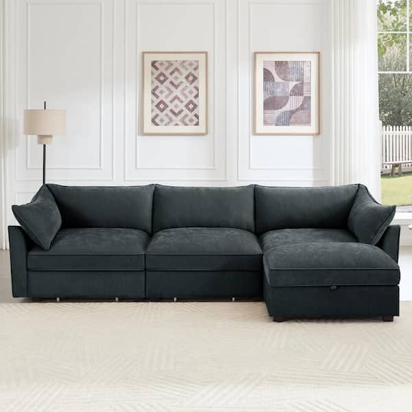 112.6 in. Wide Straight Arm Chenille L-Shaped Reclining Sofa with Pull-out Storage Drawers and Footstool in Gray