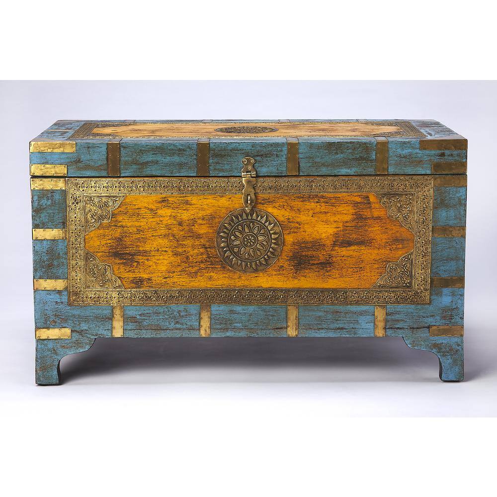 Nador Multicolor Mango Wood and Brass Inlay Storage Trunk Coffee Table