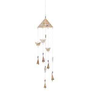 32 in. Gold Mango Wood Butterfly Indoor Outdoor Windchime with Glass Beads and Cone Bells