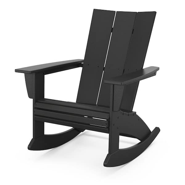 POLYWOOD Modern Curveback Black HDPE Plastic Adirondack Outdoor Rocking Chair