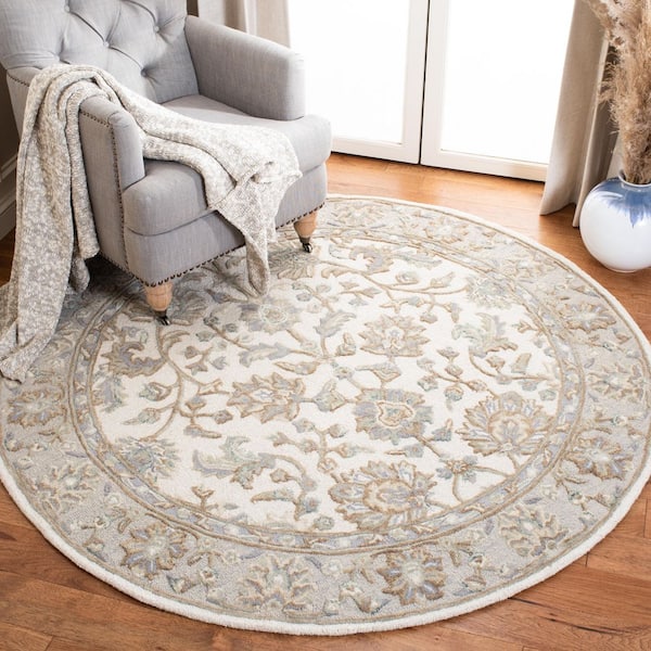 Glamour Ivory/Gray 6 ft. x 6 ft. Floral Border Round Area Rug