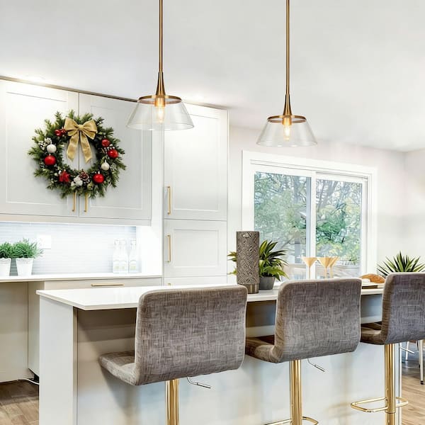 Quoridan Brass Modern Drum Kitchen Pendant Light with Seeded Glass Modern 1-Light Living Dining Room Island Chandelier