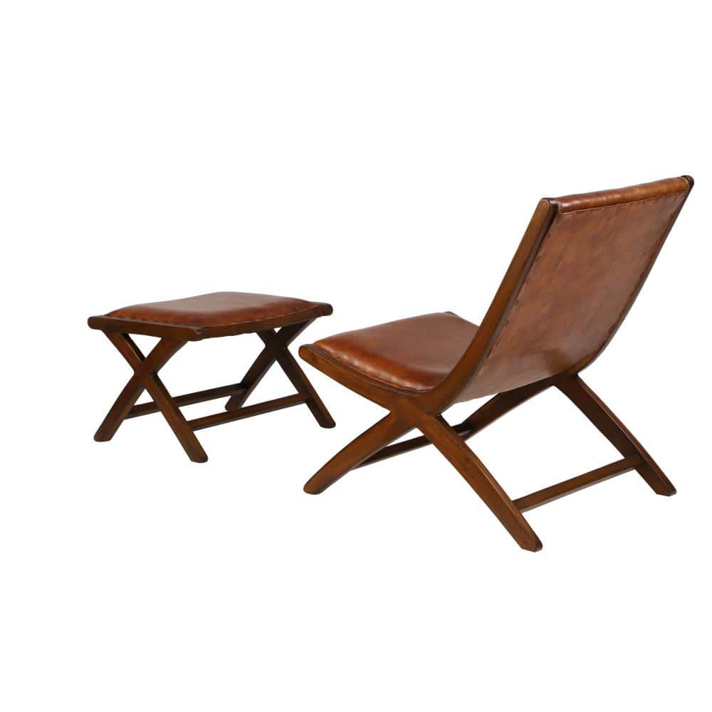 Set of 2 Brown Teak Wood Leather Accent Chairs with Ottoman