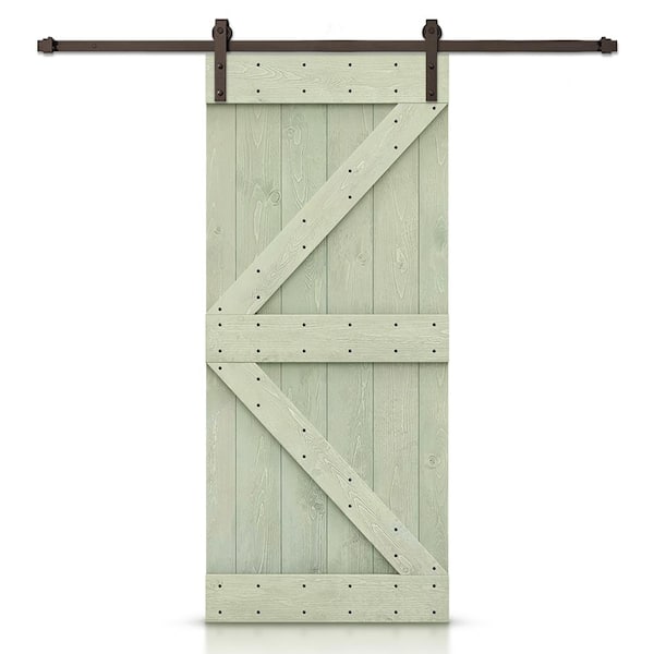 CALHOME K Series 32 in. x 84 in. Sage Green Stained DIY Knotty Pine Wood Interior Sliding Barn Door with Hardware Kit