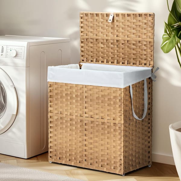 Unbranded Yellow 22.4 in. x 23.6 in. Polyethylene Hand-Woven Rattan Laundry Decorative Basket with Lid, Foldable, Removable Liner