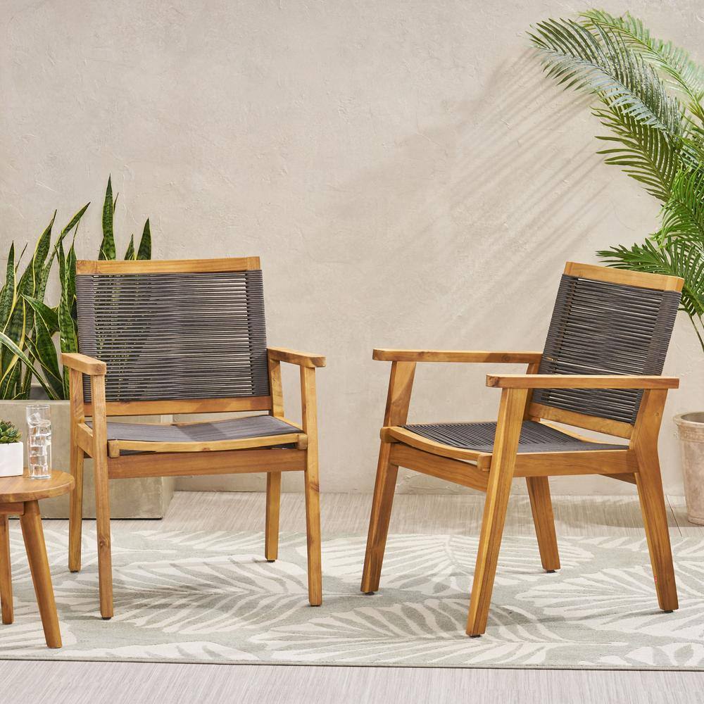 Set of 2 Teak and Dark Gray Rope Outdoor Dining Chairs
