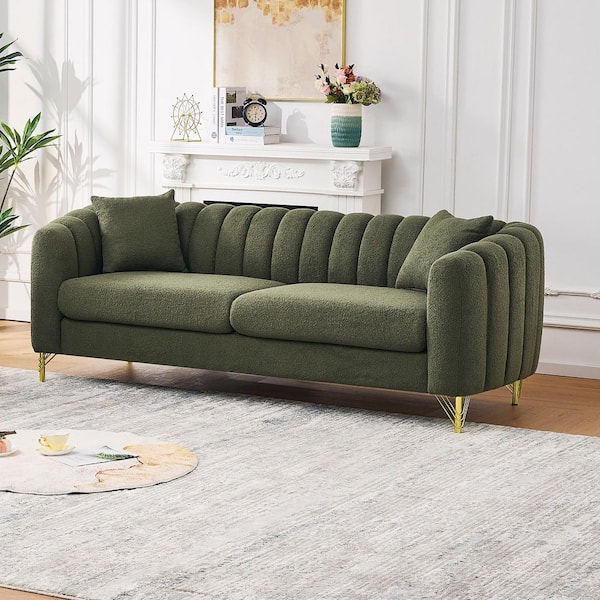 Iliana Modern 85 in. Round Arms Upholstered Chenille Rectangle 3-Seater Tufted Sofa in Green with Pillows