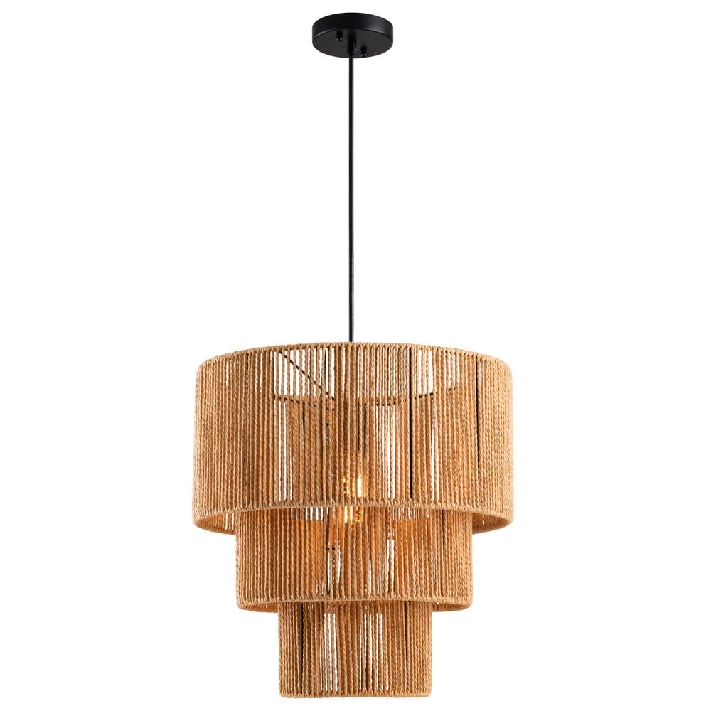 Three-Tiered Natural Jute Rope Drum Chandelier