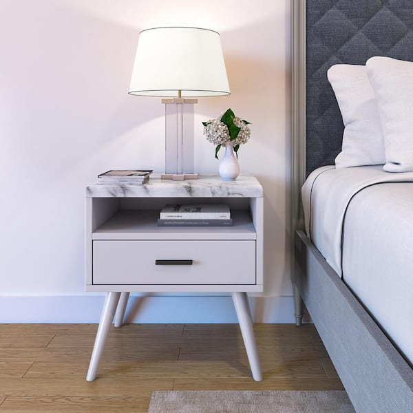 Boyd Sleep Marcello Marble Top Single Drawer White Nightstand with Cubby