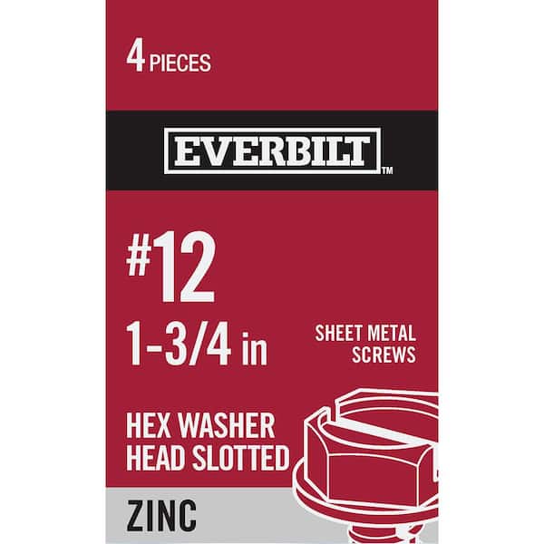 Everbilt #12 x 1-3/4 in. Slotted Hex Head Zinc Plated Sheet Metal Screw (4-Pack)