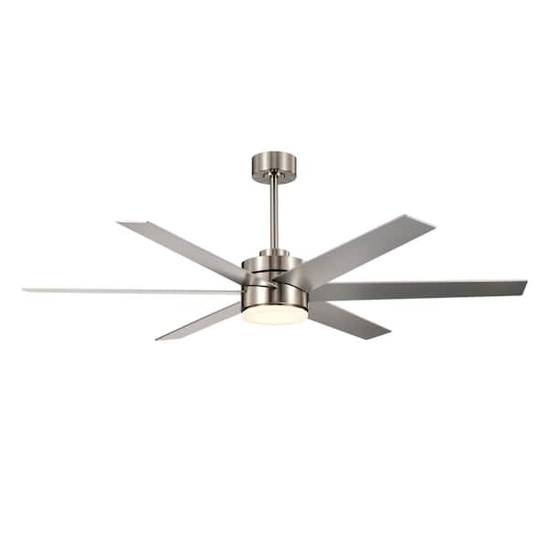62 in. Brushed Nickel Integrated LED 6-Speed Color Changing Indoor Modern Style Downrod Mounted Ceiling Fan with Remote