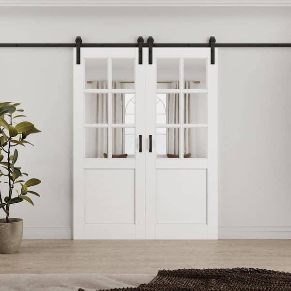 60 in. x 80 in. 6-Lite Tempered Clear Glass White Primed MDF Assembly Required Sliding Barn Door with Hardware Kit