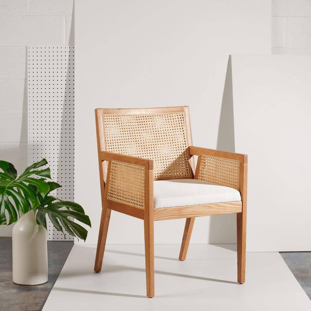 Natural Rattan and Cane Arm Chair with Linen Cushion