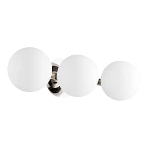 Modern and Contemporary Globe 21.75 in. W 3-Lights Polished Nickel Vanity Lights with Satin Opal Glass