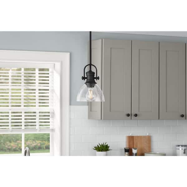 Earnshaw 1-Light Black Mini Pendant Light Fixture with Seeded Glass Shade